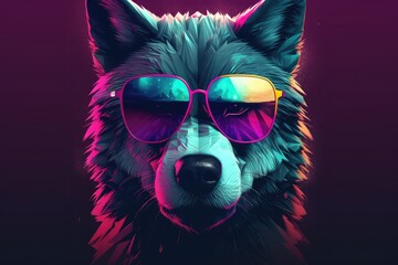 wolf wearing sunglasses on a solid color background, vector art, digital art, faceted, minimal, abstract. Generative AI.
