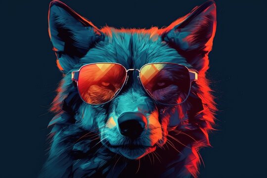 wolf wearing sunglasses on a solid color background, vector art, digital art, faceted, minimal, abstract. Generative AI.
