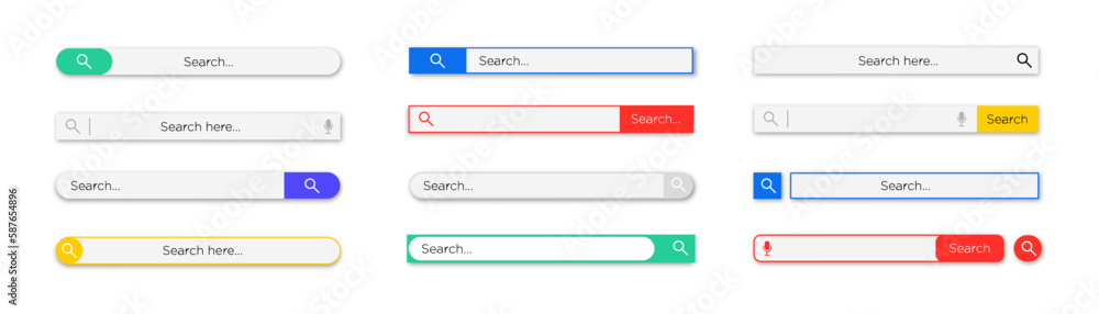 Poster search bar set. web elements with text field and search button. search navigator. search bar for ui.