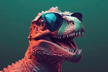 Keuken spatwand met foto dinosaur wearing sunglasses on a solid color background, vector art, digital art, faceted, minimal, abstract. Generative AI. © andrenascimento