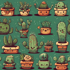 Cute Cartoon Cacti Seamless Pattern