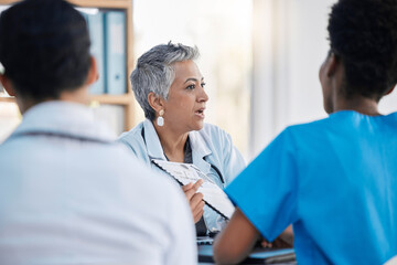 Meeting, hospital and team of doctors with documents for medical strategy, diagnosis and treatment....
