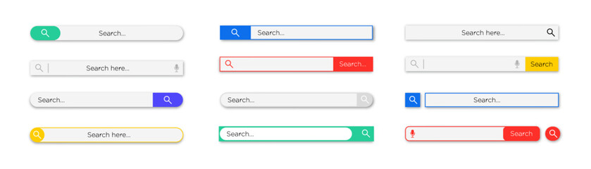 Search bar set. Web elements with text field and search button. Search navigator. Search bar for ui.