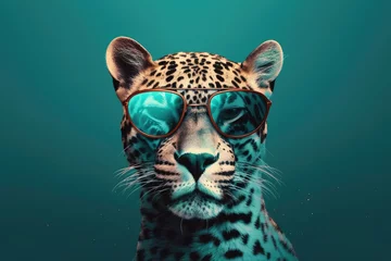 Foto op Plexiglas jaguar wearing sunglasses on a solid color background, vector art, digital art, faceted, minimal, abstract. Generative AI.  © andrenascimento