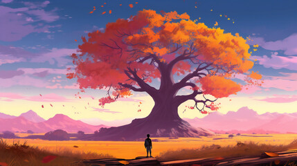 Naklejka na ściany i meble Fantasy landscape with a big tree and a man standing on the platform, Generative AI