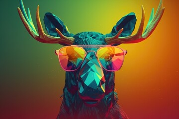 moose wearing sunglasses on a solid color background, vector art, digital art, faceted, minimal, abstract. Generative AI.
