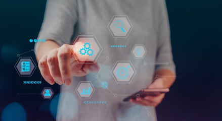 Businessman using smart devices for Digital technology connection and marketing,, links to artificial intelligence, internet of thing. Concept smart robot AI, futuristic technology transformation.