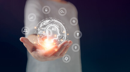 Businessman using smart devices for Digital technology connection and marketing,, links to artificial intelligence, internet of thing. Concept smart robot AI, futuristic technology transformation.