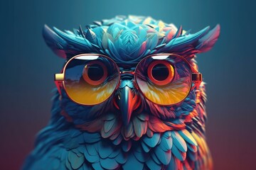 owl wearing sunglasses on a solid color background, vector art, digital art, faceted, minimal, abstract. Generative AI.