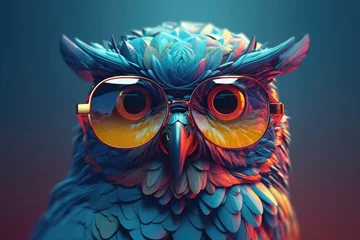 Foto auf Acrylglas Eulen-Cartoons owl wearing sunglasses on a solid color background, vector art, digital art, faceted, minimal, abstract. Generative AI.