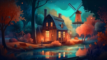 There are colorful forest trees around the house. Generative AI	 