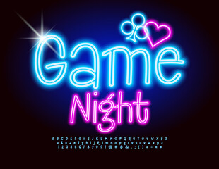 Vector digital invitation Game Night with glowing Blue Font. Neon set of handwritten Alphabet Letters, Numbers and Symbols