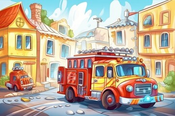 Obraz premium cartoon fire truck driving down a colorful city street. Generative AI