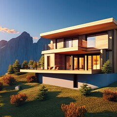 Modernes Designer Haus in den Bergen im Sommer bei Sonnenuntergang