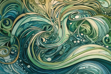 green duotone line pattern texture, watercolor art-nouveau ornament illustration, wavy retro wallpaper (ai generated)
