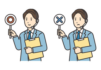 資料とマルバツの札を持つオペレーターの男性のイラストセット