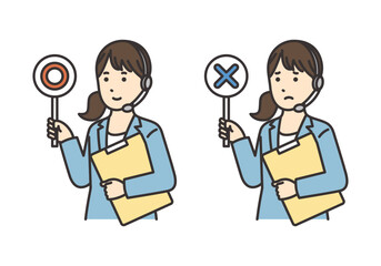 資料とマルバツの札を持つオペレーターの女性のイラストセット