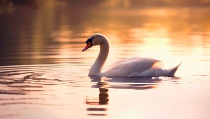 Fototapeta premium Single mute swan is swimming on the lake at sunset. Generative AI.