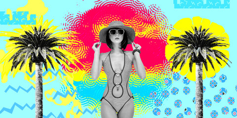 Contemporary digital collage art. Modern  design. Fashion beach party girl concept