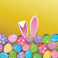 Easter day Background Design with Colorful decorated Eggs and Bunny ears