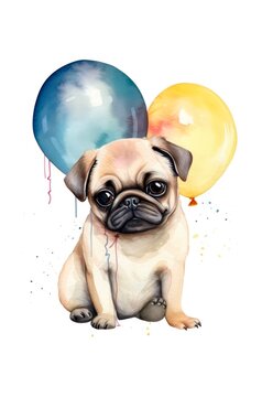 Watercolor cartoon illustration of a cute little pug with blue and yellow balloons on white background. Generative AI.