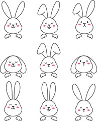 A set of vector Easter bunnies. Cute cartoon bunny face with different emotions. Long ears, muzzle and paws. 