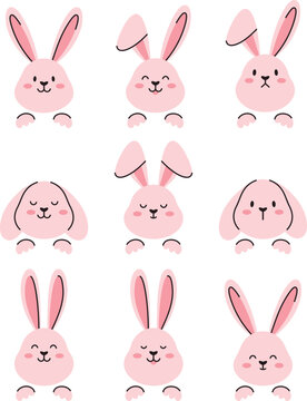 Cute pink bunny faces with different emotions and ear positions. Vector illustration for Easter cards, posters 