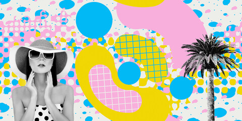 Contemporary digital collage art. Fashion  retro lady, Summer, vacation concept