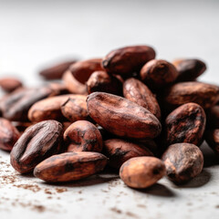 A pile of luscious cocoa beans, each one perfectly roasted and ready to be ground into delicious chocolate. (photo of cocoa beans on a light background