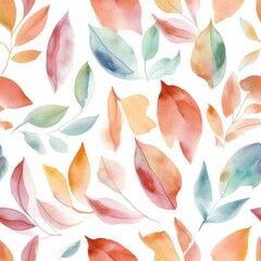 Scattered Fall Leaves on White Background Watercolor-Style Repeating Nature Pattern [Generative AI]