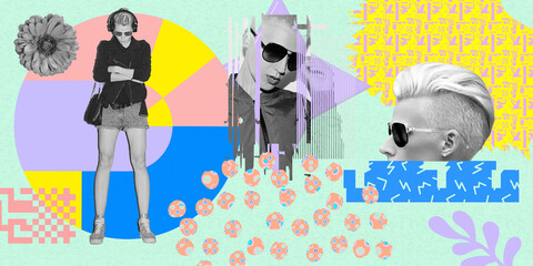 Contemporary digital collage art. Modern  design.  Fashion girl, accessories, style concept