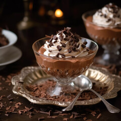 Creamy chocolate mousse, served in a delicate white dish and accented with a sprinkle of chocolate shavings.