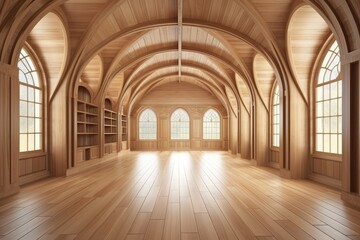Plakat Illustration of an Empty Room with Arched Windows and Wooden Floors. Generative AI
