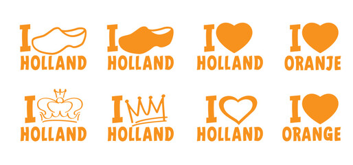 Slogan i love orange or oranje. Queen or king crowns icon. Traditional festival on party. Holland, King's Day or Queen's Day. walk clogs, farms clogs sign. The Netherlands shoe