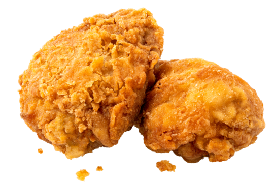 Crispy fried chicken pieces, drumstick and thigh, isolated.