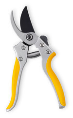 single steel gardening scissor with yellow grip for pruned of plants, vegetable and flowers garden work. Pruning of vineyard or fruit tree, top view isolated on white background with clipping path