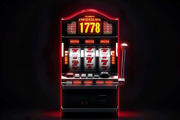 Realistic one arm bandit, win, 777, jackpot slot machine, casino, black background. ai generated. - obrazy, fototapety, plakaty