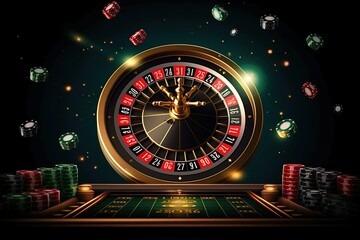 Casino roulette in black and gold style, Chips for playing in the casino. ai generated.