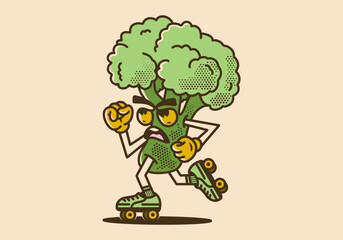 Mascot character illustration of broccoli playing roller skates