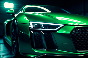 Close up exterior of modern stylish green sports car with bright LED headlights in dark urban environment. Generative AI. 