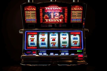 Realistic one arm bandit, win, 777, jackpot slot machine, casino, black background. ai generated.