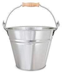 Metal garden vintage bucket with wooden handle, tool for gardening or for decorating flower arrangements or potting plants, front view isolated on white background with clipping path