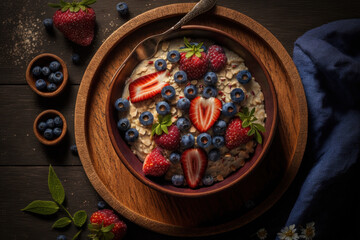 Obraz na płótnie Canvas Healthy and delicious oat porridge with fresh blueberries and strawberries served in a rustic wooden bowl. A sweet and nourishing breakfast option for vegetarians and vegans. Generative AI