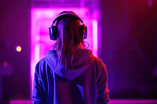 Stylish fashion teenager model from the back wearing hoodie and headphones listening dj music dancing in purple neon lights, silent disco party - Generative AI