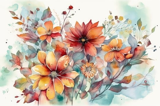 Illustration of colorful flowers and leaves painted in watercolor. Generative AI