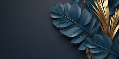 A serene assembly of blue and golden botanical leaves on a deep blue canvas