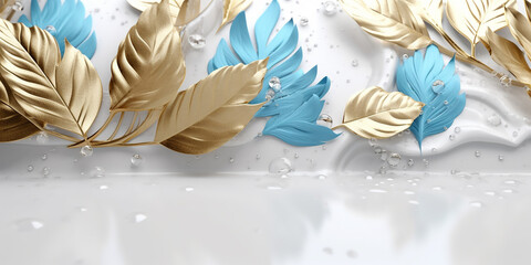 Graceful metallic gold and soft blue leaves on a pure white background with water droplets