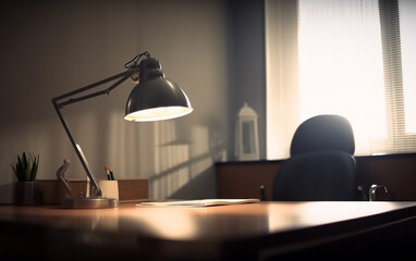 Intimate office setting highlighted by the warm glow of a classic desk lamp