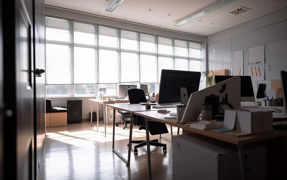 Quiet office environment bathed in natural light with a view of the clear sky through large windows