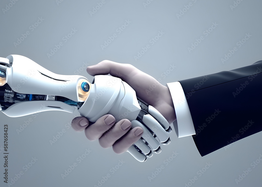 Wall mural robot and businessman hands in handshake. ai technology development and human robot relationships.